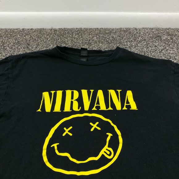 Nirvana T-Shirt Smiley Face Logo Gildan Black Mens Large - Picture 1 of 8